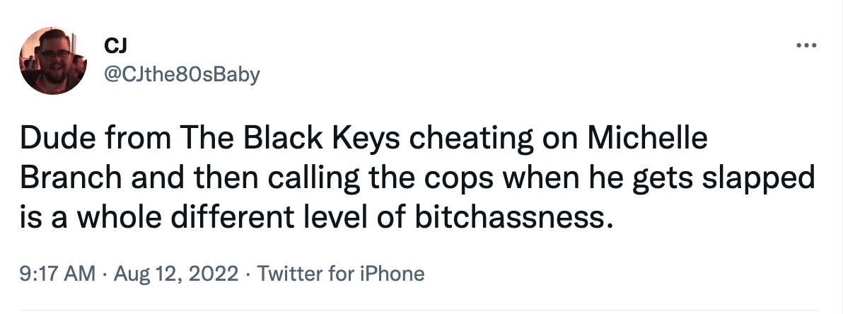 Tweet by CJ discussing Michelle Branch incident from August 2022