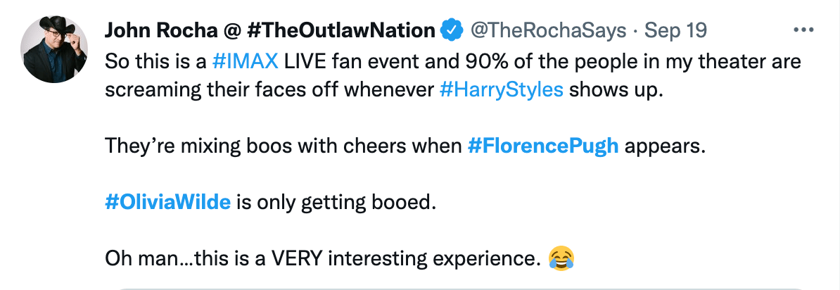 John Rocha's tweet describing audience reactions at an IMAX live screening event