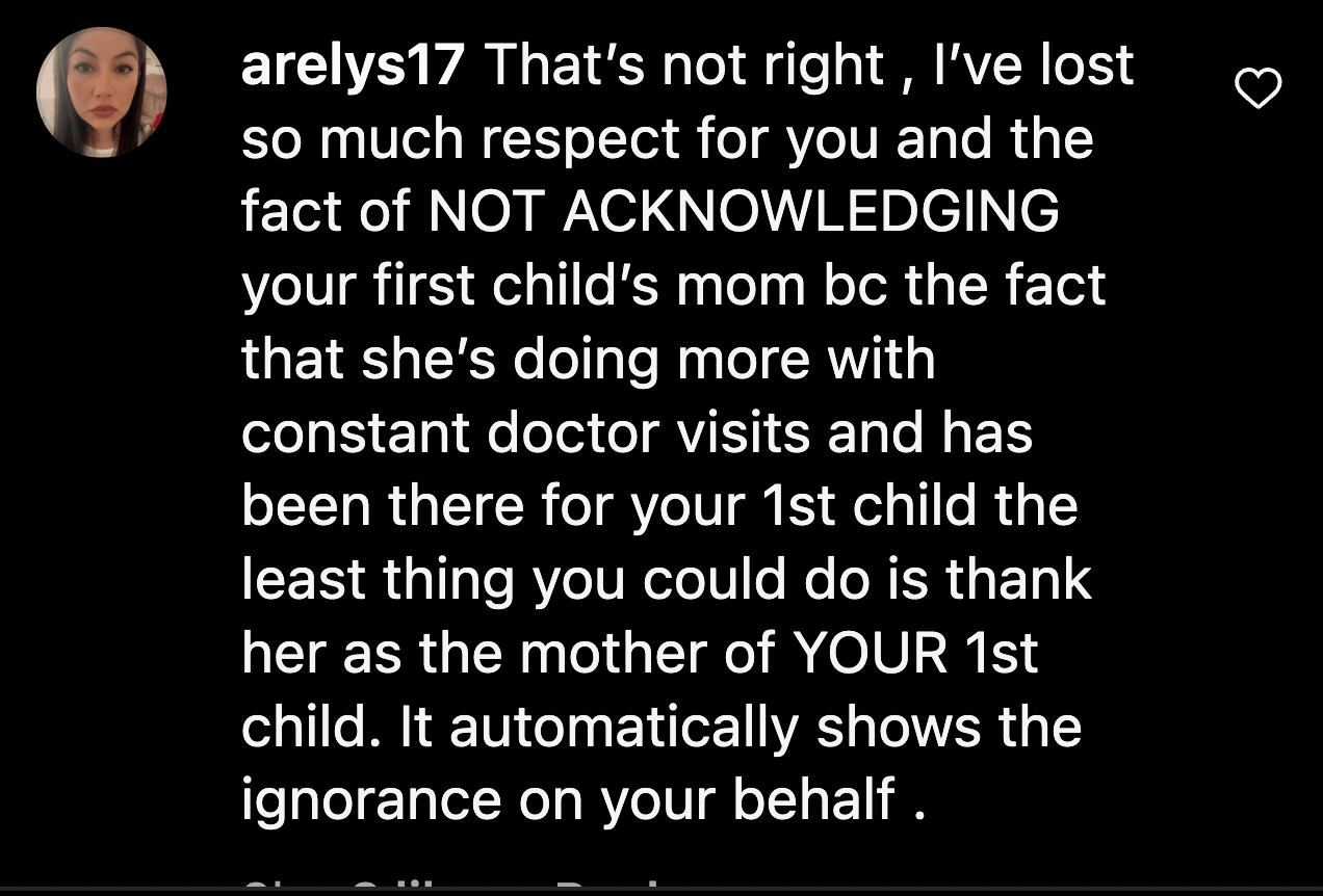 Instagram comment from user arelys17 criticizing Chris Pratt for not acknowledging Anna Faris in a