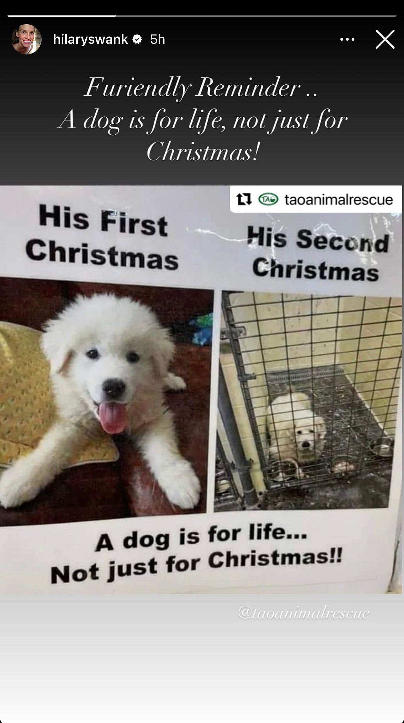 Hilary Swank's post on her Instagram story