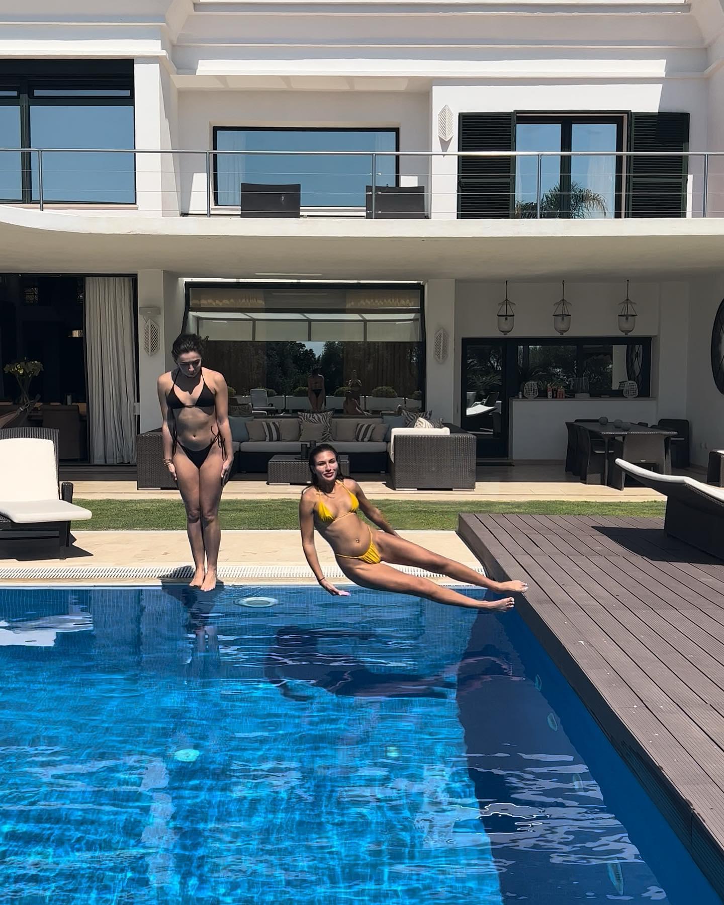 Emily Faye Miller visits a pool party in a yellow bikini