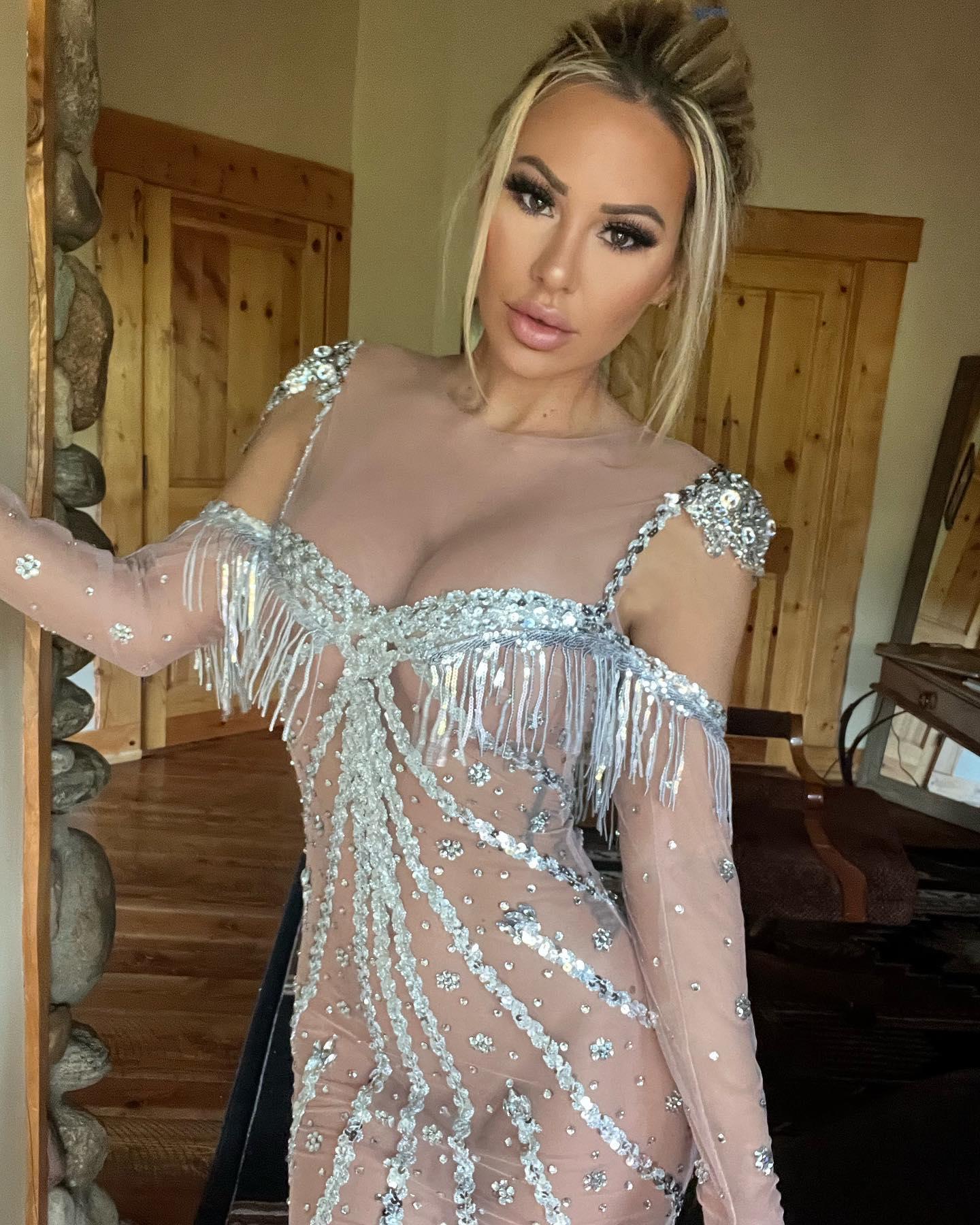 Kindly Myers poses in a see-through gown