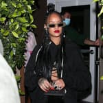 Rihanna seen wearing a short black mini skirt as she leaves dinner at Giorgio Baldi Restaurant in Santa Monica, CA