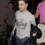 Daniel Radcliffe leaves the Noel Coward Theatre having performed in apos The Cripple Of Inishmaan apos The Harry Potter star was wearing blue trousers a grey t-shirt and black trainers He appeared rather wide eyed and sweaty