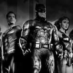 A black and white themed photo showing Zack Snyder's 'Justice League' super heroes