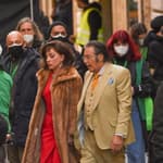 Lady Gaga wearing a fur and Al Pacino filming House of Gucci in Rome, Italy