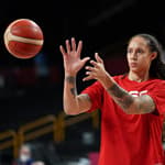 Brittney Griner, #15, warms up before the Women's Basketball finals at the Tokyo Olympic Games
