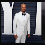 Two people at separate formal events, one in a white tuxedo and one in a blue dress