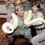 Steve Irwin and his wife Terri demonstrate a 16 foot Anaconda snake that will be used in their forthcoming movie "The Crocodile Hunter Collision Course" announced at ShoWest in Las Vegas