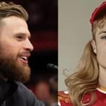 Harrison Butker at a press conference (left) AI-generated photo of Harrison Butker as a drag queen (right)