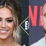 Jana Kramer (left) and Travis Kelce (right) are seen smiling on red carpet