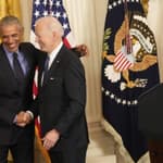 Barack Obama and Joe Biden shaking hands
