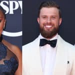 A collage of Serena Williams with Quinta Brunson and Harrison Butker smiling on ESPY red carpet