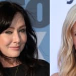 A collage of Shannen Doherty and Sarah Michelle Gellar smiling at different red carpet events