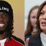 A photo collage of Kai-Cenat and Kamala Harris