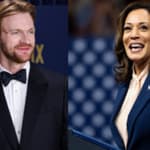 A photo collage of Billie Eilish with her brother Finneas and Kamala Harris