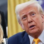 A photo collage of Courtney Love and Donald Trump