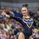 February 28, 2025: LSU's Kailin Chio competes on the balance beam during the Purple and Gold Podium Challenge woman's gymnastics LSU vs George Washington at the Raising Canes River Center in Baton Rouge, LA. Jonathan Mailhes/CSM. 28 Feb 2025 Pictured: February 28, 2025: LSU's Kailin Chio competes on the floor during the Purple and Gold Podium Challenge woman's gymnastics LSU vs George Washington at the Raising Canes River Center in Baton Rouge, LA. Jonathan Mailhes/CSM. Photo credit: ZUMAPRESS.com / MEGA TheMegaAgency.com sales@mega.global (Mega Agency TagID: MEGA1276490_039.jpg) [Photo via Mega Agency]