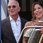 A photo collage of Tom Brady with Jeff Bezos and Lauren Sanchez
