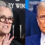 A photo collage of Rosie O'Donnell and Donald Trump