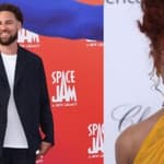 Photo collage of Megan Thee Stallion and Klay Thompson.