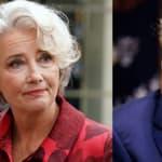 A photo collage of Emma Thompson and Donald Trump