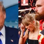 Travis Kelce, Taylor Swift, Donald Trump photo collage