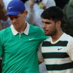 A photo collage of Brooks Nader and Jannik Sinner with Carlos Alcaraz