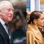 A photo collage of King Charles, PrinceHarry, and Meghan Markle