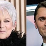 A photo collage of Jamie Lee Curtis and Charlie Kirk