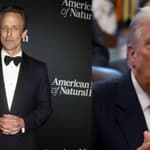 A photo collage of Seth Meyers and Donald Trump