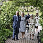G7 Summit at The Eden project St IVes Cornwall G7 leaders and Her Majesty Queen Elizabeth II make their way for the group photo
