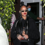 Rihanna seen wearing a short black mini skirt as she leaves dinner at Giorgio Baldi Restaurant in Santa Monica, CA