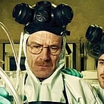 A photo showing the lead cast of 'Breaking Bad' cooking meth in a lab.