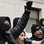November 17, 2021, Kenosha, Wisconsin, United States: Protesters gather Wednesday November 17, 2021 outside the Kenosha, Wisconsin, County Courthouse as the jury deliberates in the Kyle Rittenhouse trial. Rittenhouse, then 17, shot three people, two of them fatally during the unrest that followed the shooting of Jacob Blake seven times by a Kenosha police officer. 17 Nov 2021 Pictured: November 17, 2021, Kenosha, Wisconsin, United States: LAMAR WHITFIELD, left, of the No More Foundation of Chicago, and BISHOP TAVIS GRANT II, National Field Director for the Rainbow PUSH Coalition, right, as protesters gather Wednesday November 17, 2021 outside the Kenosha, Wisconsin, County Courthouse as the jury deliberates in the Kyle Rittenhouse trial. Rittenhouse, then 17, shot three people, two of them fatally during the unrest that followed the shooting of Jacob Blake seven times by a Kenosha police officer. Photo credit: ZUMAPRESS.com / MEGA TheMegaAgency.com +1 888 505 6342 (Mega Agency TagID: MEGA806259_001.jpg) [Photo via Mega Agency]