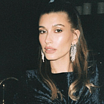Hailey Bieber in black velvet dress