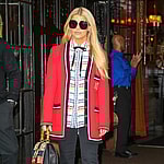 Jessica Simpson seen wearing a red blazer as leaving her hotel in NYC on Feb 06 2020