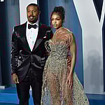 Michael B. Jordan (L) and Lori Harvey arrive for the Vanity Fair Oscar Party at the Wallis Annenberg Center for the Performing Arts in Beverly Hills, California on Sunday, March 27, 2022