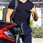 Derek Hough in blue suede shoes at the DWTS studio on Thursday