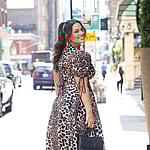 Ashley Graham flash a big smile as wearing a leopard print dress while out and about in New York City