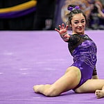 January 07, 2022: LSU's Elena Arenas poses at the end of her floor routine during NCAA Gymnastics action between Centenary and the LSU Tigers at the Pete Maravich Assembly Center in Baton Rouge, LA. Jonathan Mailhes/CSM(Credit Image: © Jonathan Mailhes/Cal Sport Media) Newscom/(Mega Agency TagID: csmphototwo848813.jpg) [Photo via Mega Agency]
