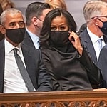 former US President Barack Obama and former first lady Michelle Obama attend the funeral of former US Secretary of State Colin L. Powell at the Washington National Cathedral in Washington, DC