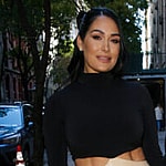 Former WWE Sisters Brie & Nikki Garcia all smiles as they arrive holding hands to Live with Kelly and Mark in NYC