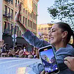 Claudia Sheinbaum waves during Rally in LA
