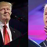 Donald Trump speaking (left) Joe Biden delivers speech (right)