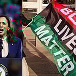 A collage of Kamala Harris and her VP Pick Tim Walz with a BLM flag