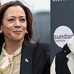 A photo collage of Kamala Harris and Stephen Curry