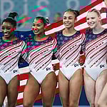 Simone Biles, Jordan Chiles, Hezley Rivera, Jade Carey, and Suni Lee after winning Team Gold