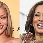 A photo collage of Rihanna and Kamala Harris