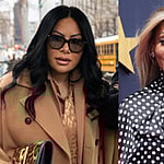 A photo collage of Jen Shah with Karen Huger and Brandi Glanville